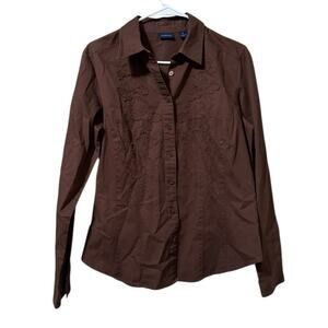 Westbound Women Size 12 Long Sleeve Button Down Shirt Embroidered Brown Cotton
